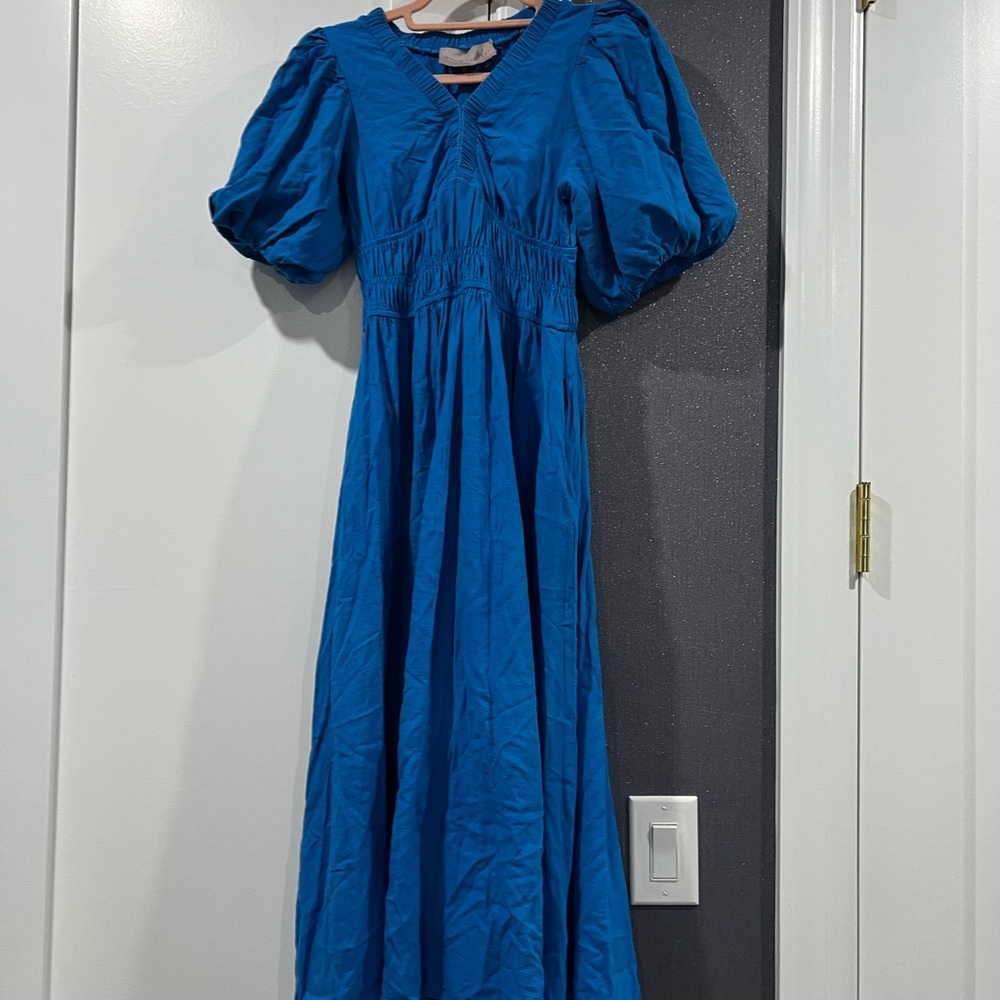 Chic Blue Puff Sleeve Midi Dress